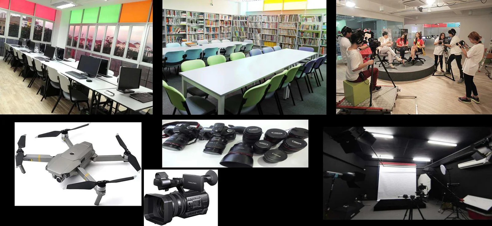 Production equipment: camera bodies, a drone, a camcorder and lighting kit