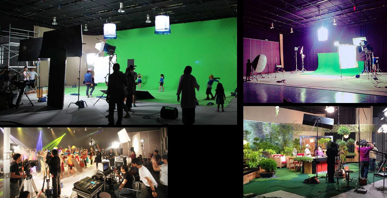Green screen stage, lighting rig and set builds in use