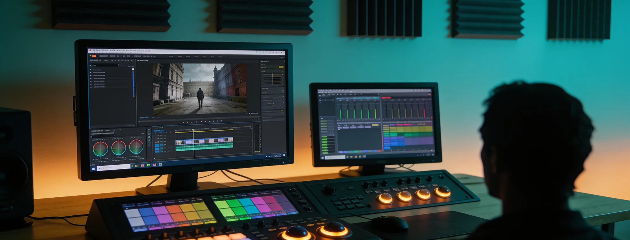 A colour grading suite: two monitors showing a timeline and scopes, with a grading control surface